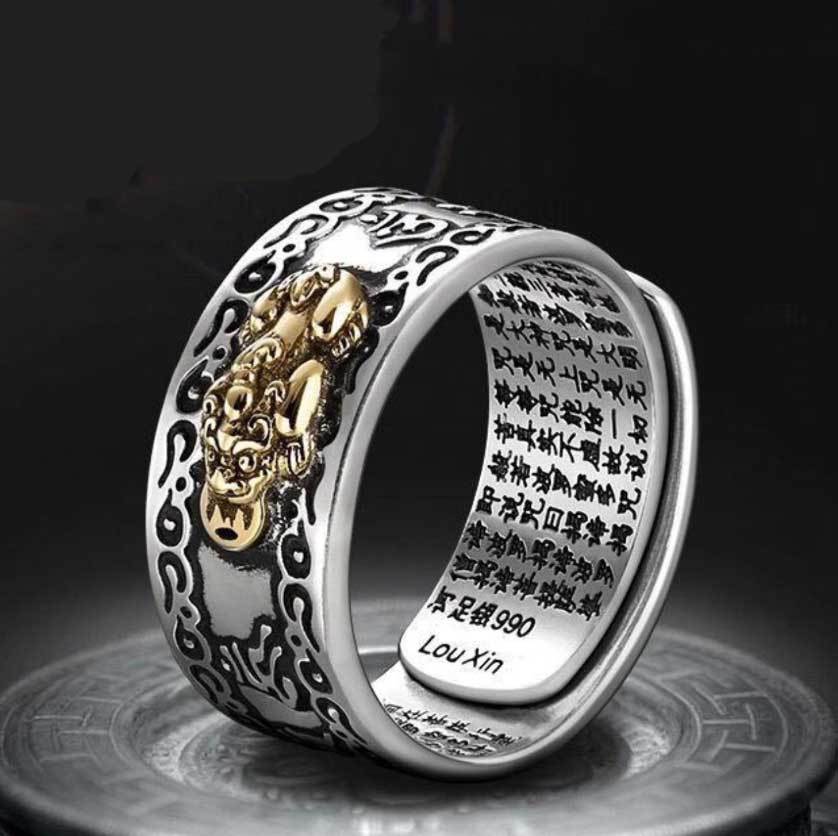 Mantra Engraved Pixiu Feng Shui Ring for Wealth and Protection