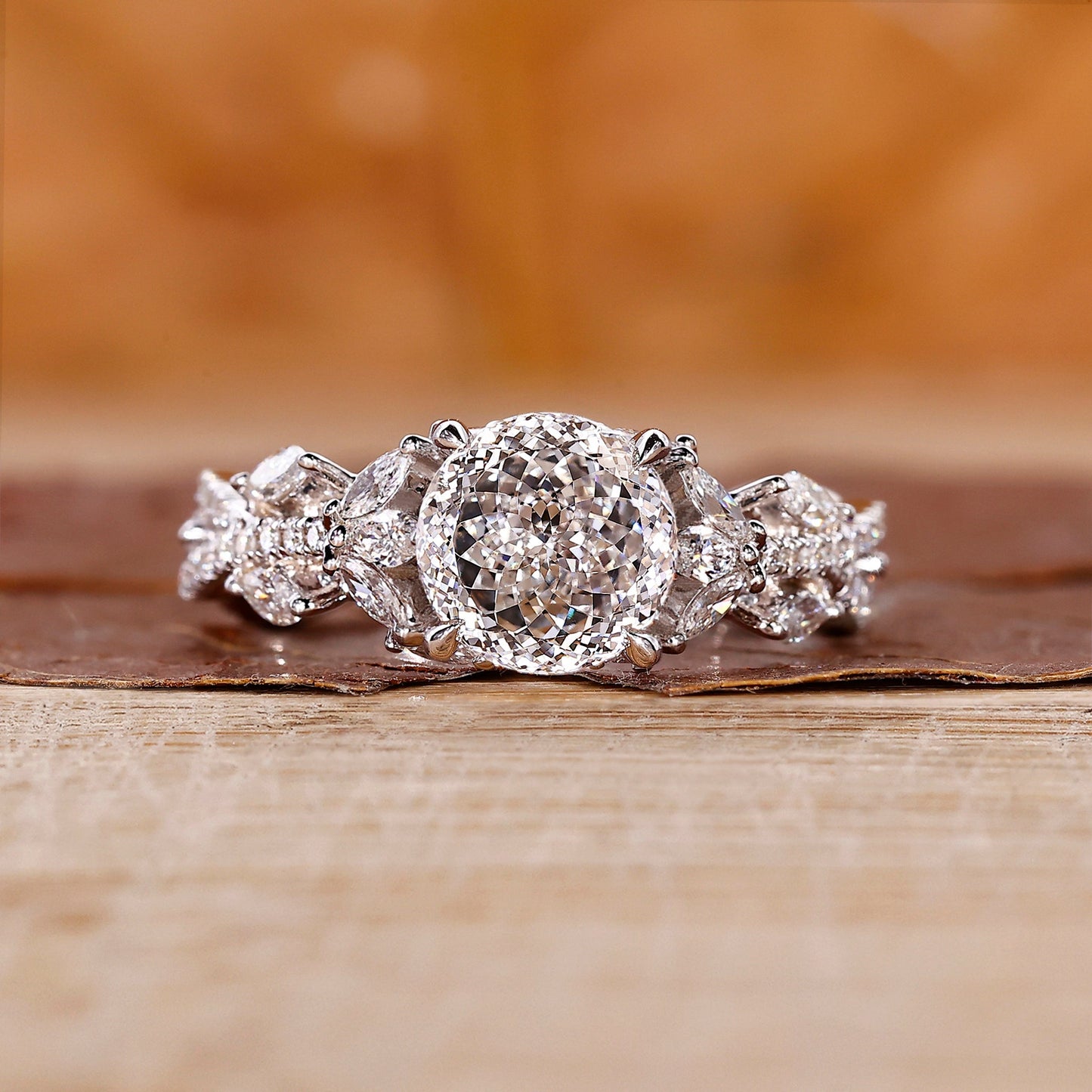 Vintage Style Portuguese Cut Diamond Ring with Twisted Pave Band