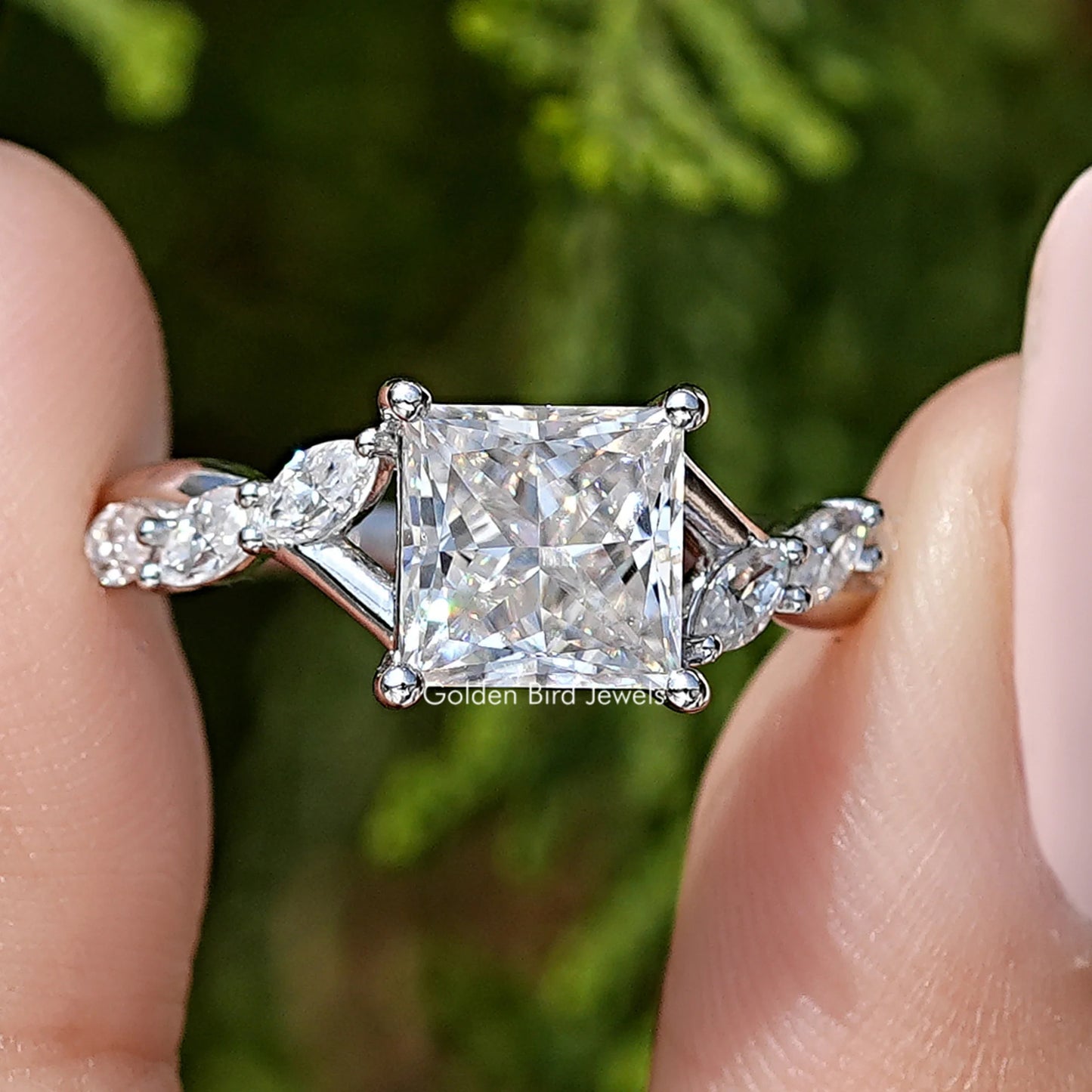 Colorless Square Cut Moissanite Floral Promise Ring
