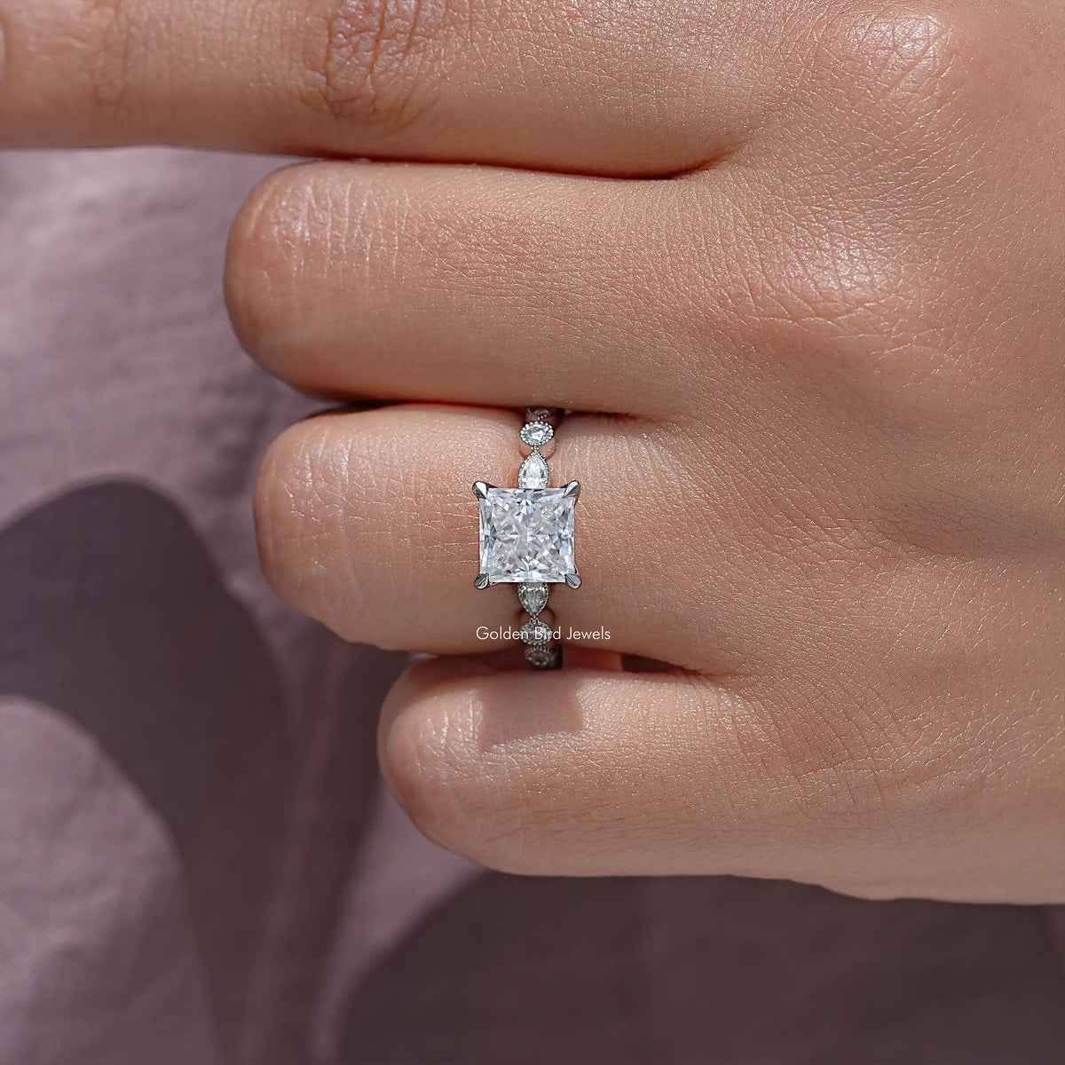 Princess Cut Moissanite Miligraine Set Wedding Ring