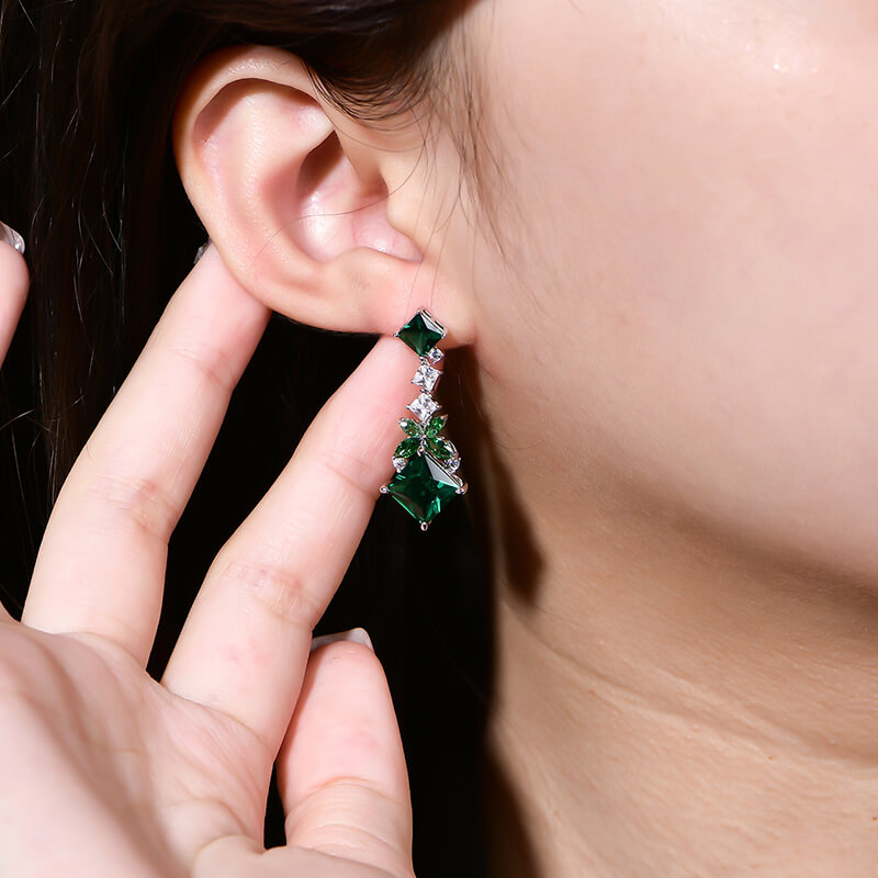 Princess Cut Emerald Chain Drop Earrings In Sterling Silver