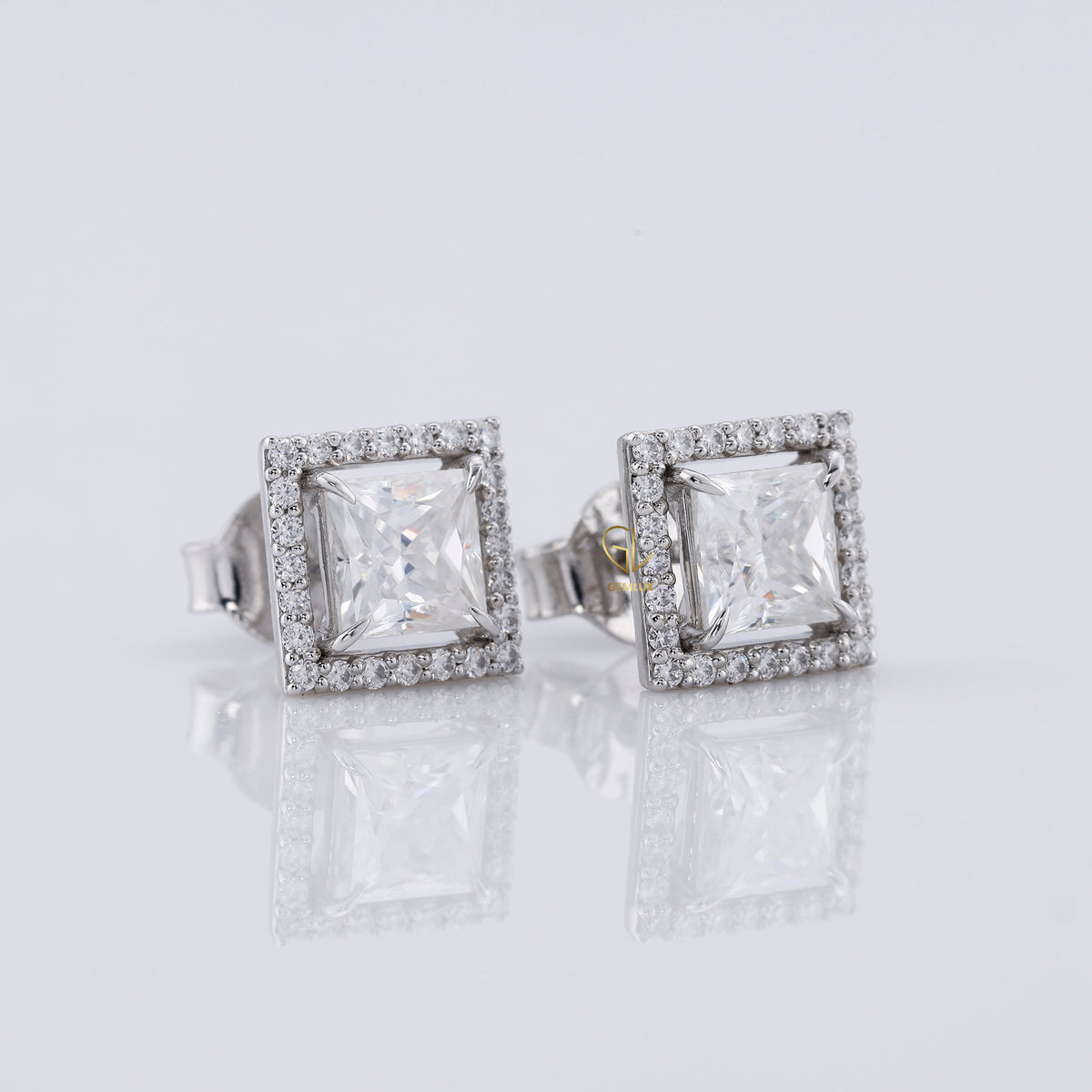 Princess Cut Halo Stud Earrings - White Gold