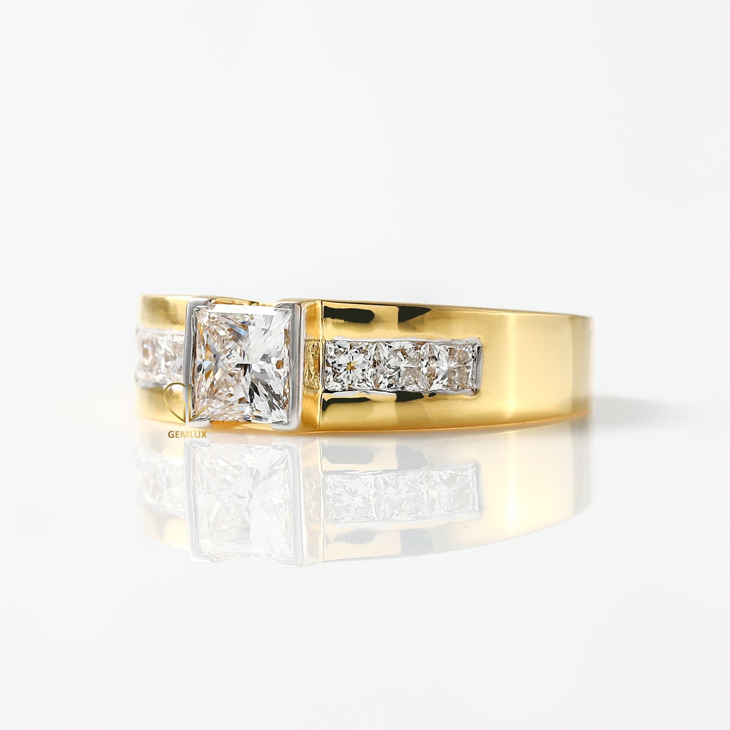Princess Cut Lab Grown Half Bezel Set Yellow Gold Ring
