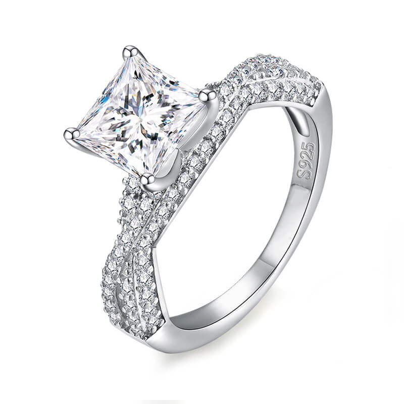 Princess Cut Moissanite Four Rows Crossed Engagement Ring