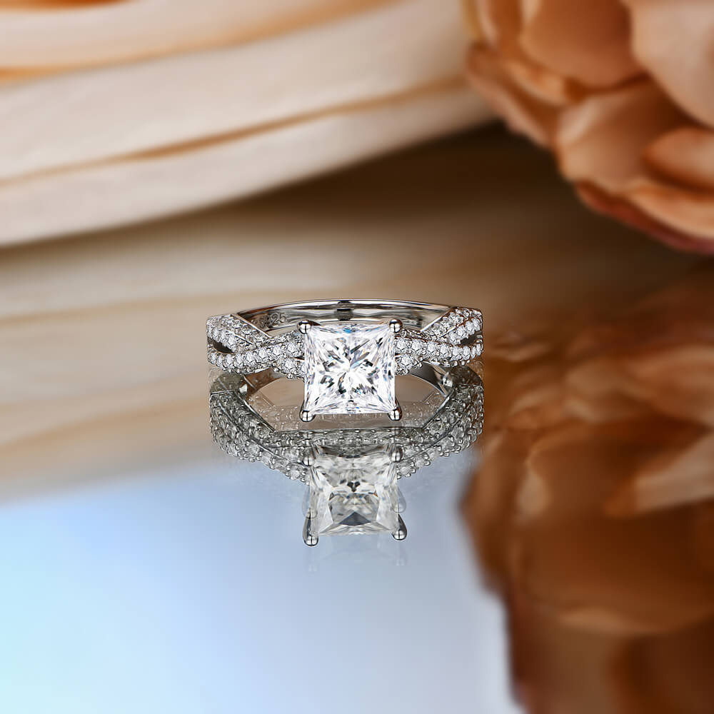 Princess Cut Moissanite Four Rows Crossed Engagement Ring