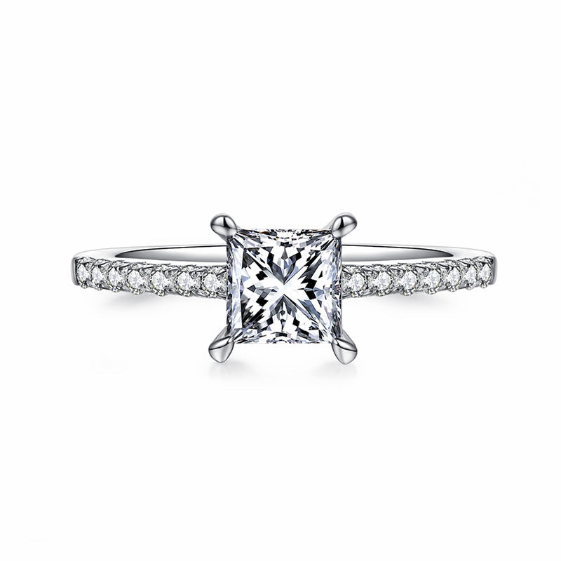 Princess Cut Moissanite Pave Engagement Ring In Sterling Silver