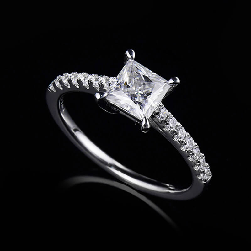 Princess Cut Moissanite Pave Engagement Ring In Sterling Silver
