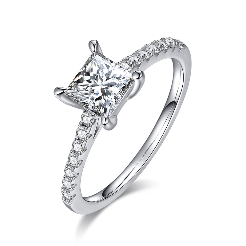 Princess Cut Moissanite Pave Engagement Ring In Sterling Silver