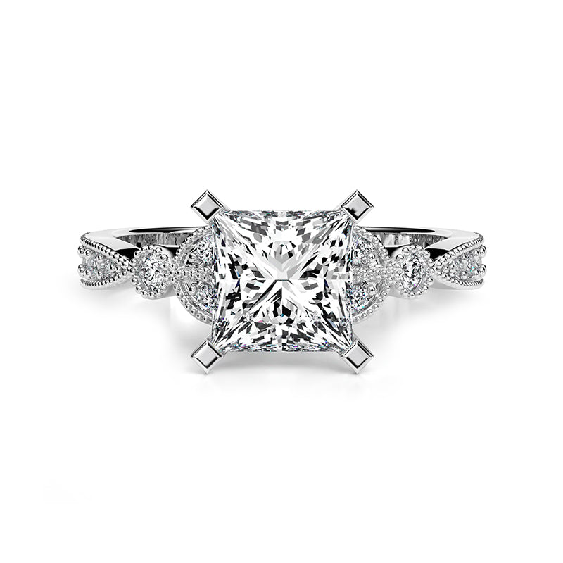 Princess Cut Moissanite With Leaf Shape Milgrain Pave Engagement Ring