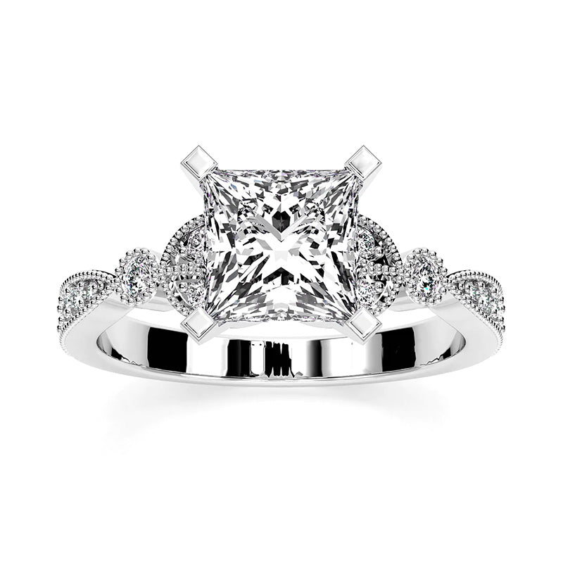 Princess Cut Moissanite With Leaf Shape Milgrain Pave Engagement Ring