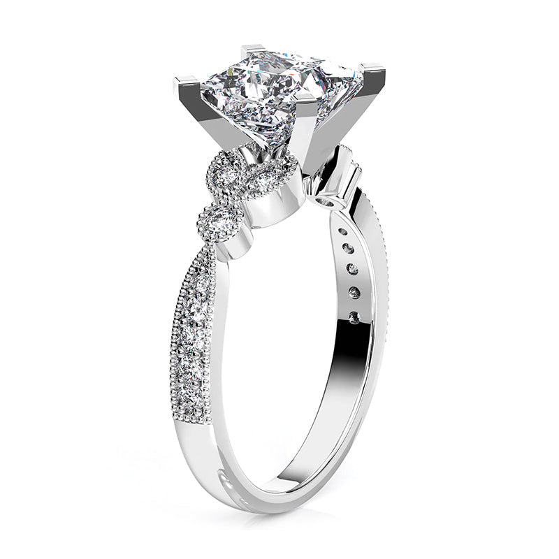 Princess Cut Moissanite With Leaf Shape Milgrain Pave Engagement Ring