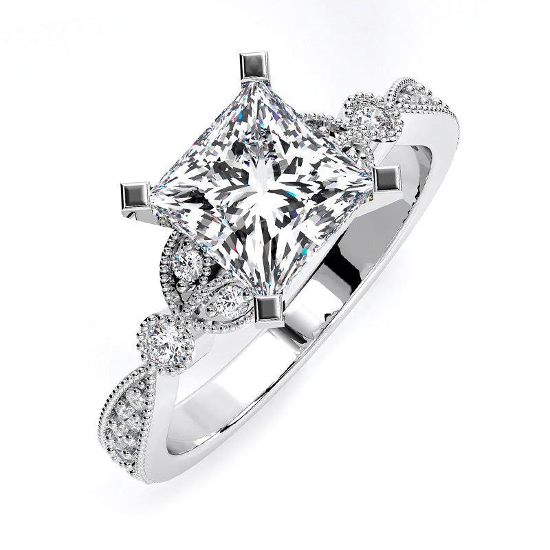 Princess Cut Moissanite With Leaf Shape Milgrain Pave Engagement Ring