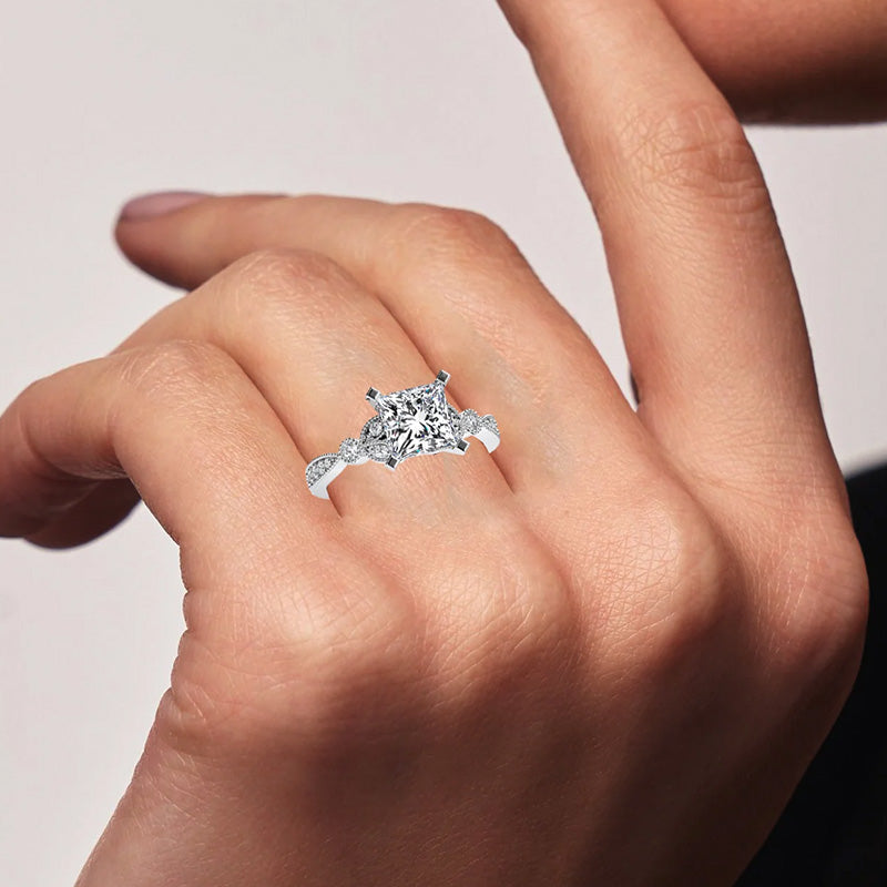 Princess Cut Moissanite With Leaf Shape Milgrain Pave Engagement Ring