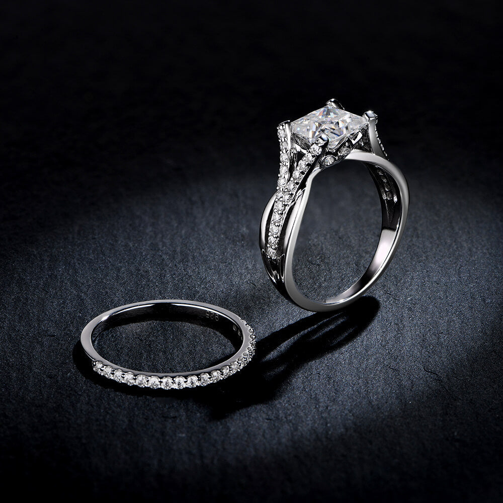 Princess Moissanite Split Shank Pave Bridal Engagement Ring Set