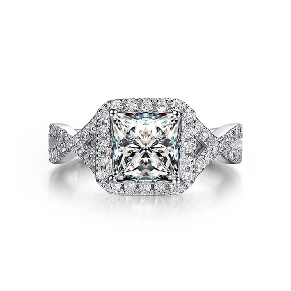 Halo Princess Cut Moissanite Twisted Pave Sterling Silver Ring
