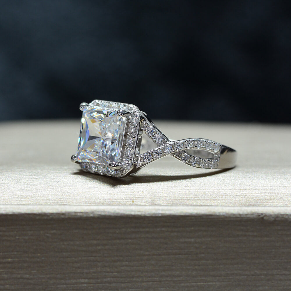Halo Princess Cut Moissanite Twisted Pave Sterling Silver Ring