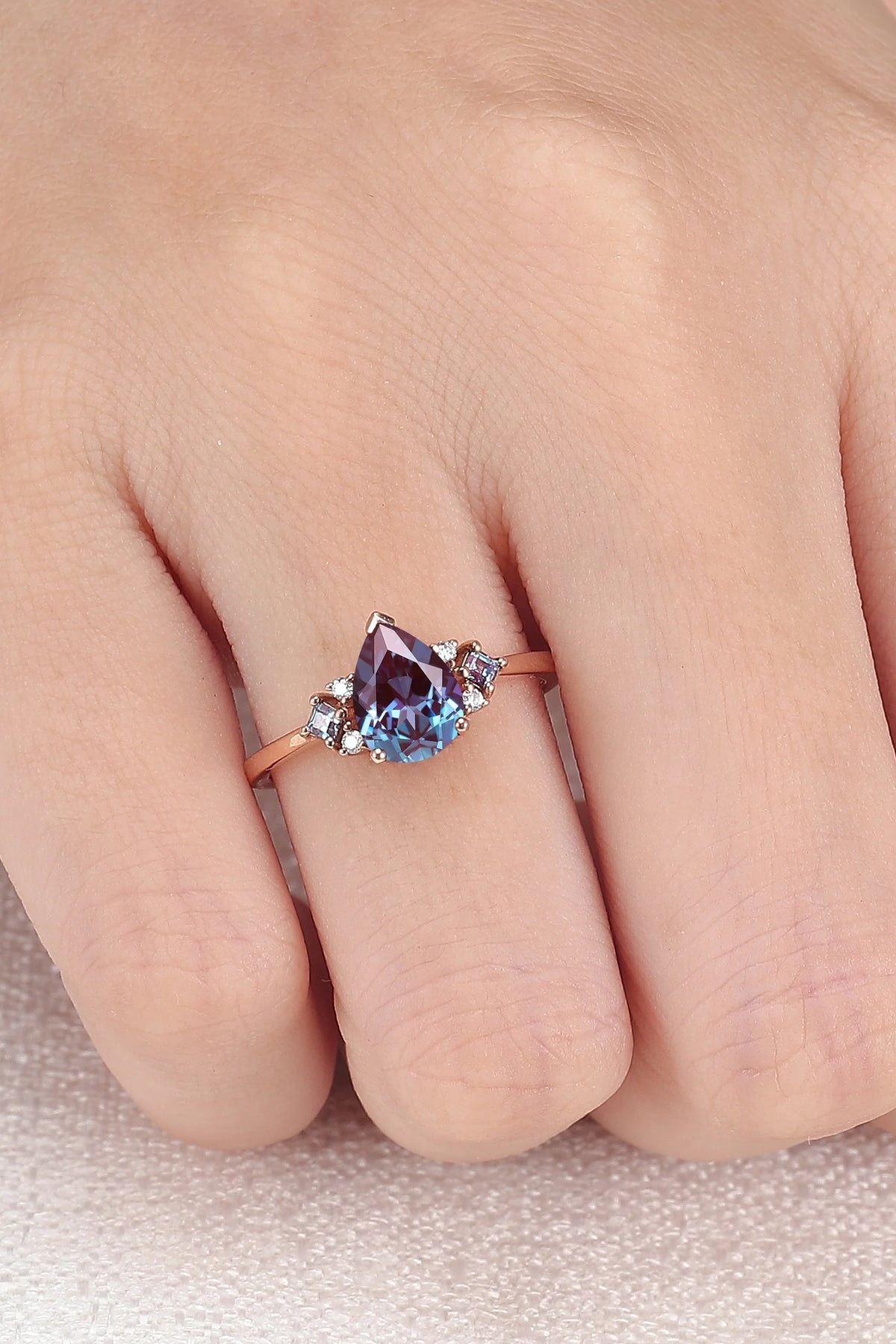 Princess Mononoke Pear Cut Alexandrite Cluster Engagaement Ring