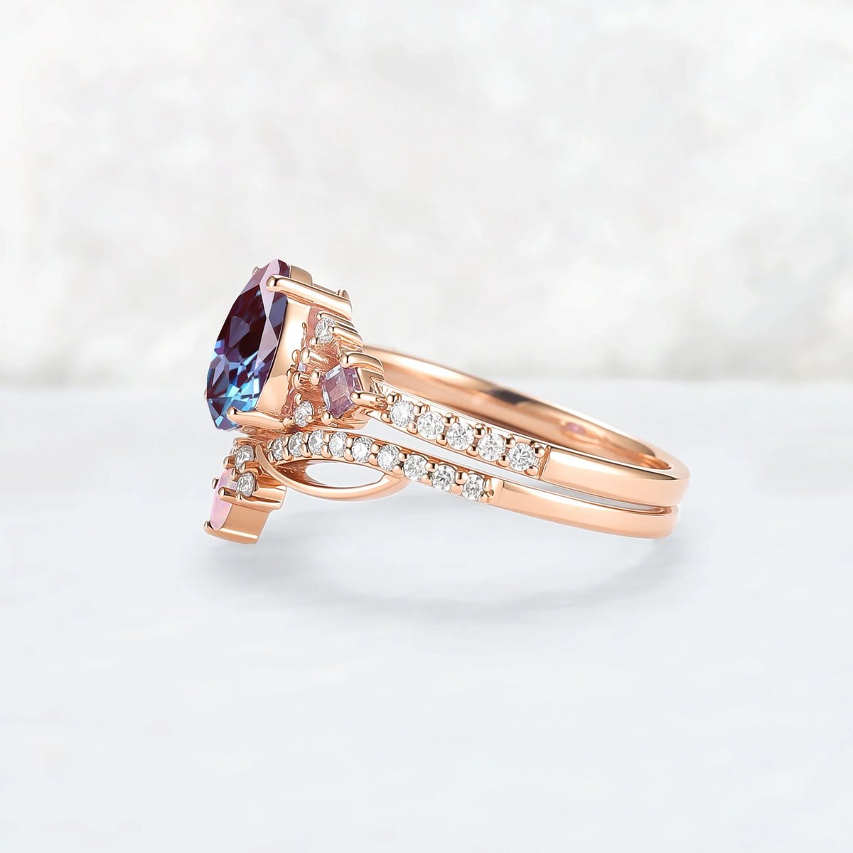 Princess Mononoke Pear Cut Alexandrite Engagement Ring Set 2pcs