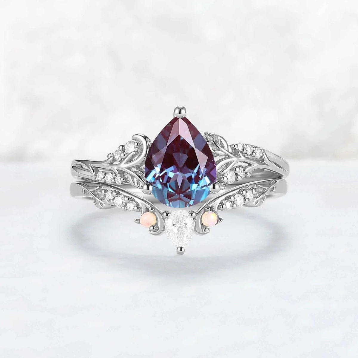 Princess Mononoke Pear Cut Alexandrite Leafy Engagement Ring 2pcs