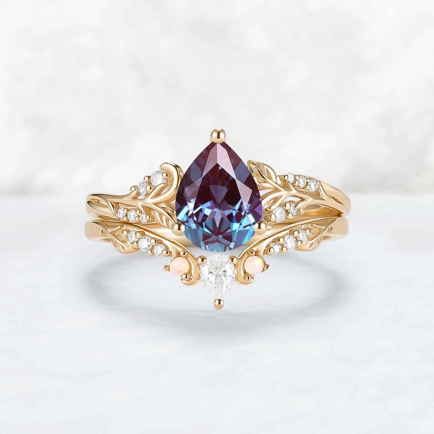 Princess Mononoke Pear Cut Alexandrite Leafy Engagement Ring 2pcs