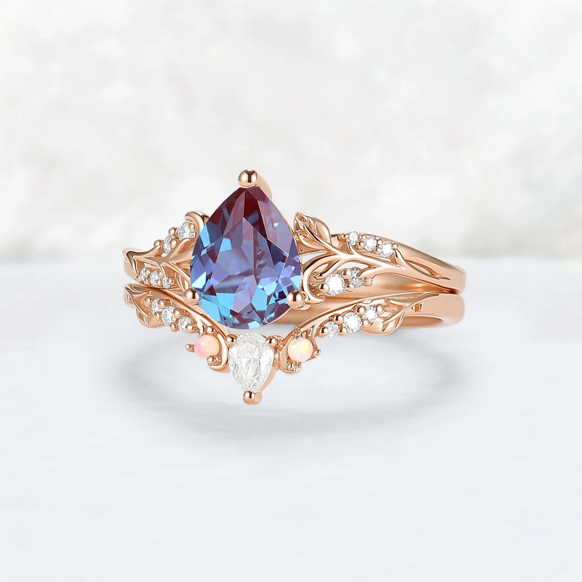Princess Mononoke Pear Cut Alexandrite Leafy Engagement Ring 2pcs