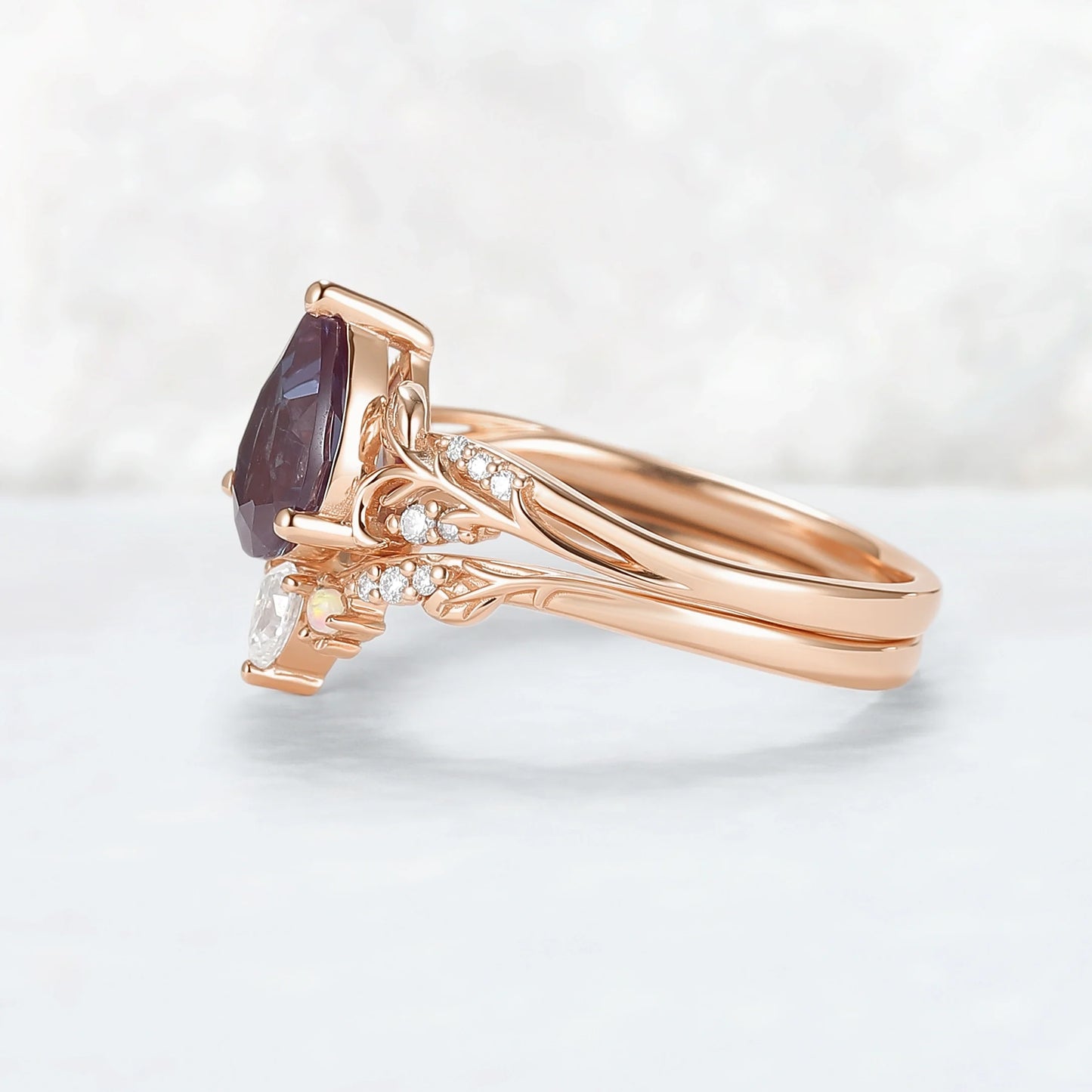 Princess Mononoke Pear Cut Alexandrite Leafy Engagement Ring 2pcs