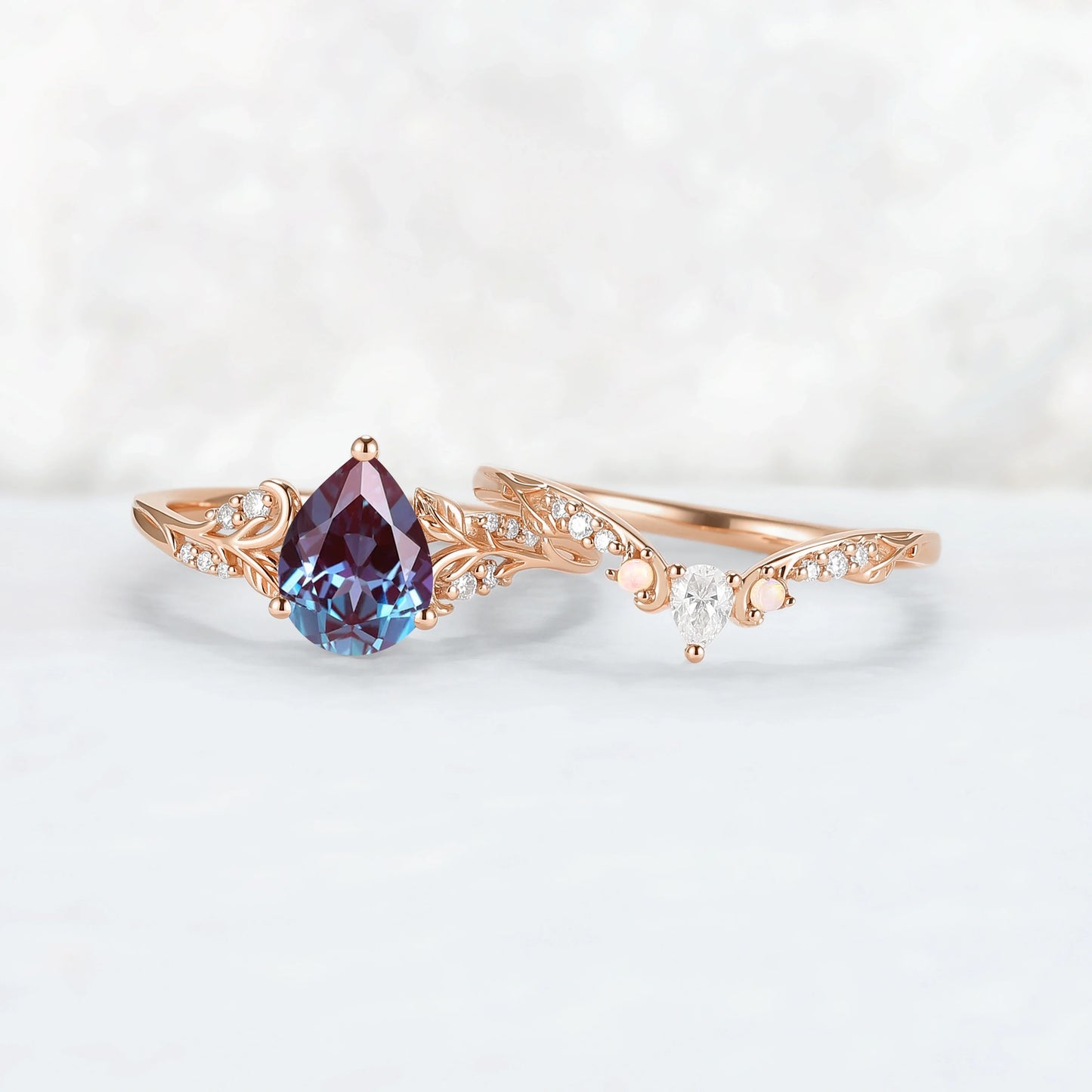 Princess Mononoke Pear Cut Alexandrite Leafy Engagement Ring 2pcs