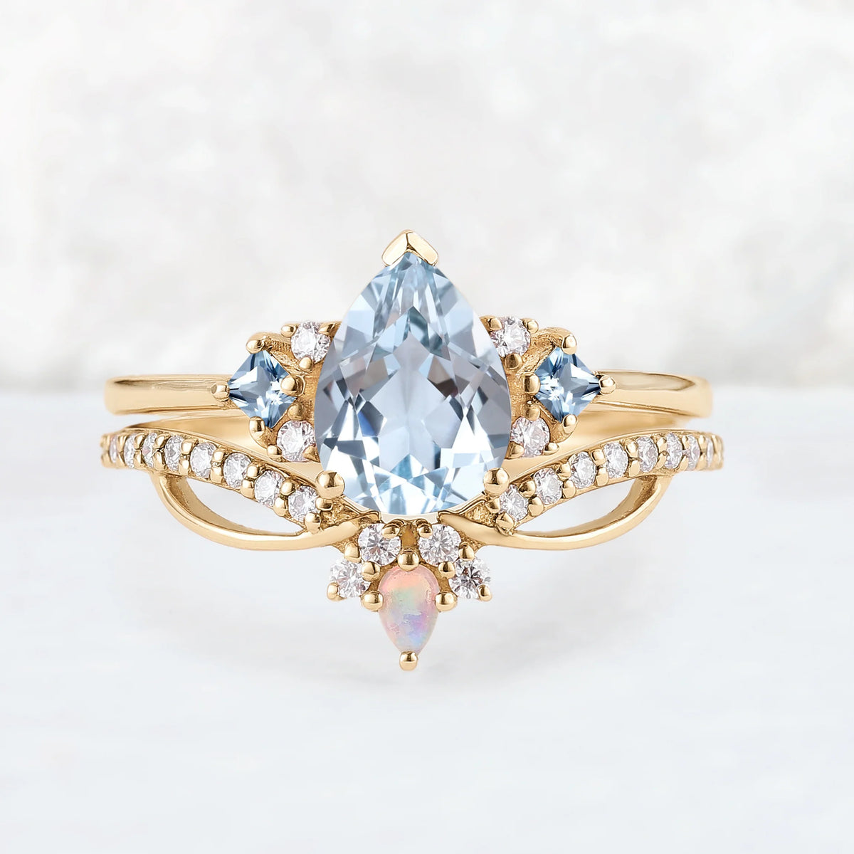 Princess Mononoke Pear Cut Aquamarine Cluster Gemstone Ring Set 2pcs