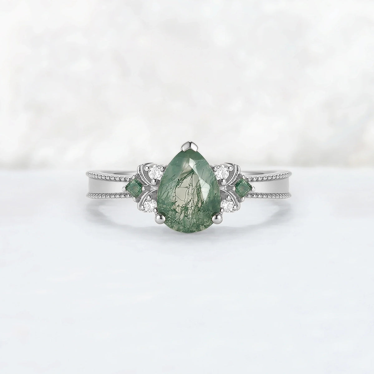 Princess Mononoke Pear Cut Moss Agate Cluster Gemstone Ring