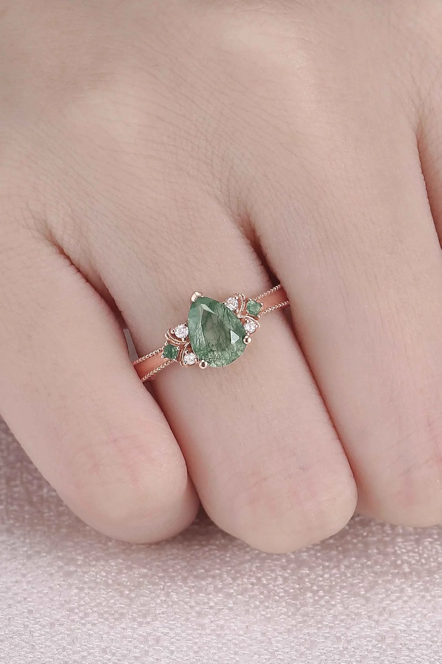 Princess Mononoke Pear Cut Moss Agate Cluster Gemstone Ring