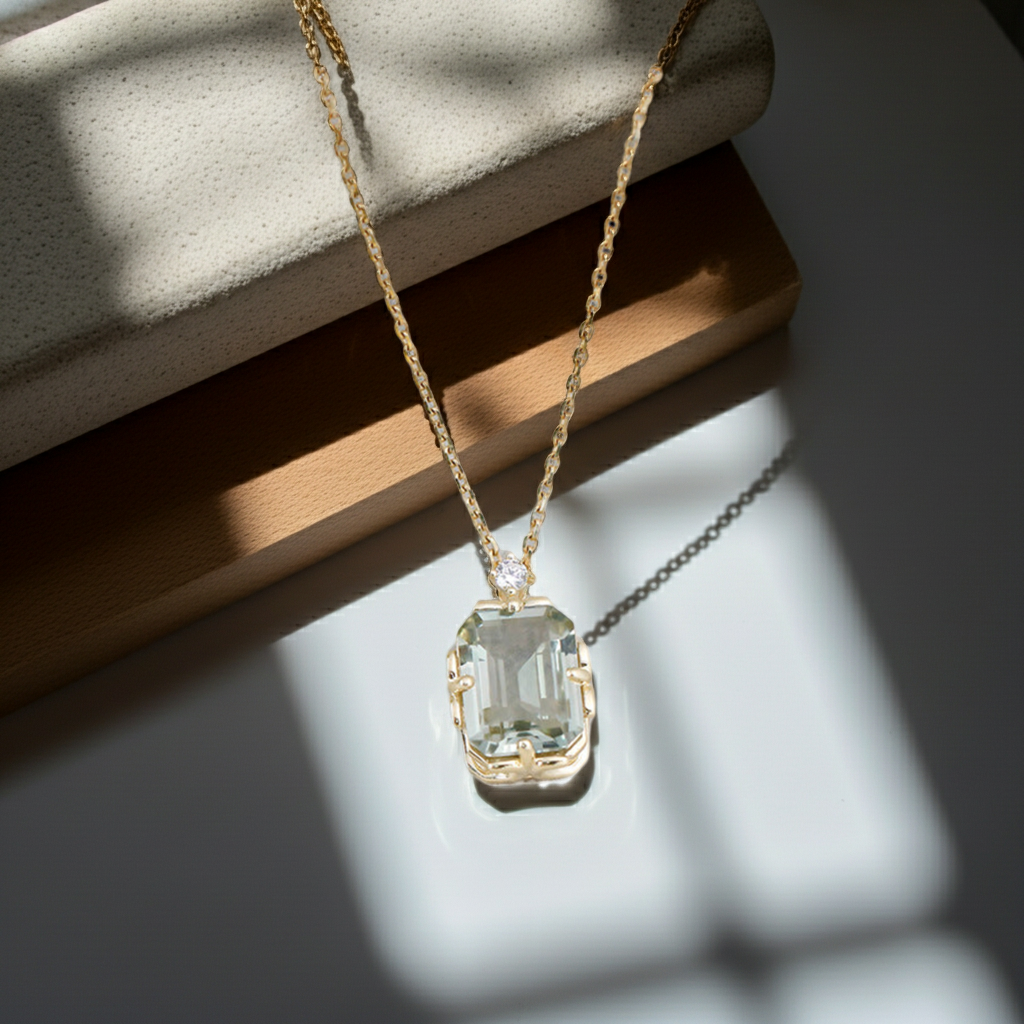 Aquaera - Emerald Cut Natural Green Crystal Minimalist Classic Necklace