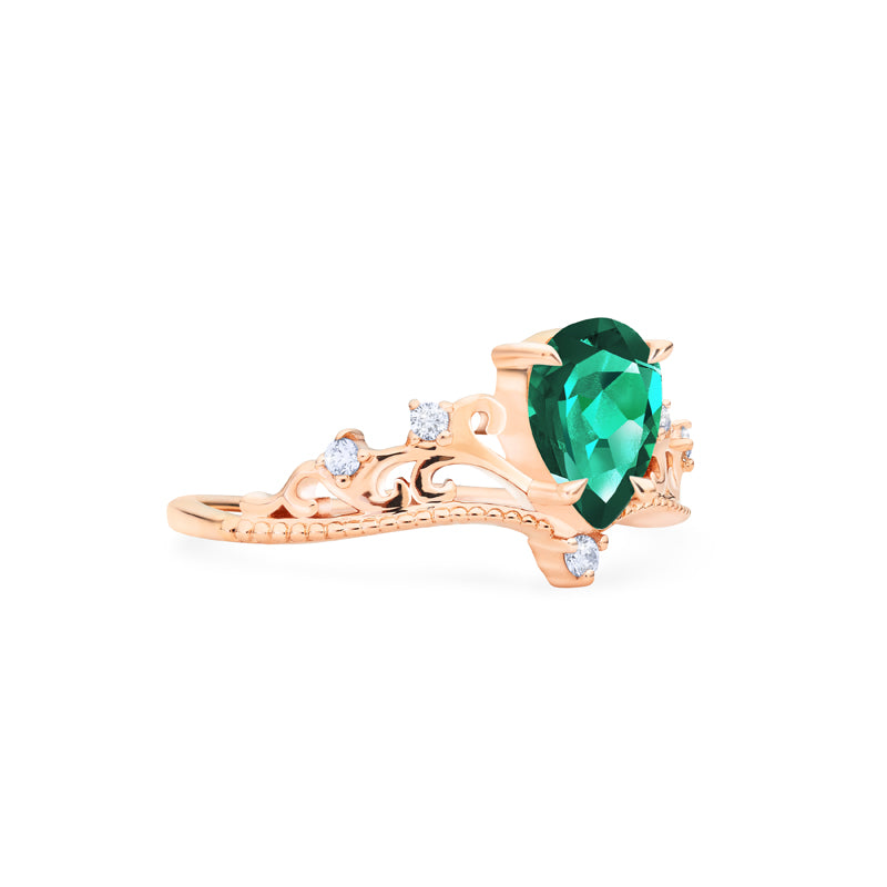 [Veronica] Vintage Crown Pear Engagement  Ring in Emerald