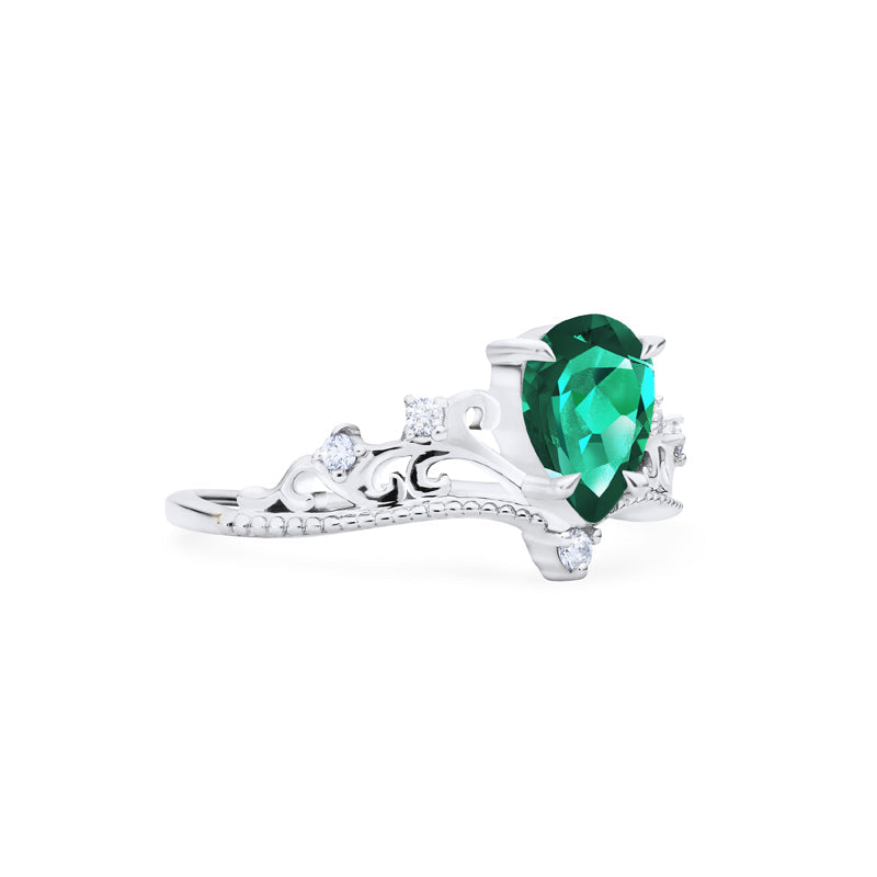 [Veronica] Vintage Crown Pear Engagement  Ring in Emerald