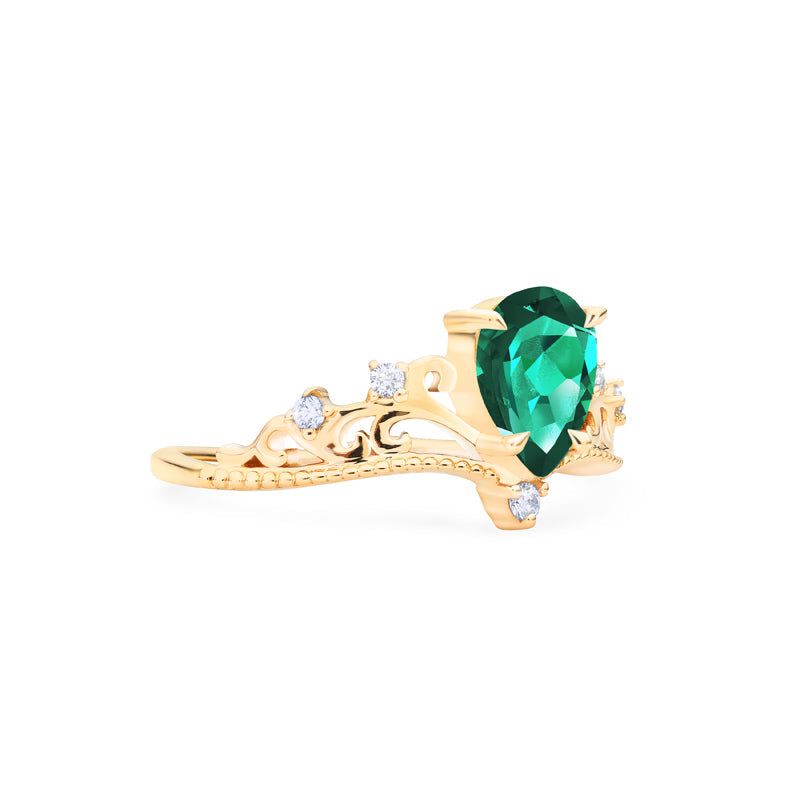 [Veronica] Vintage Crown Pear Engagement  Ring in Emerald