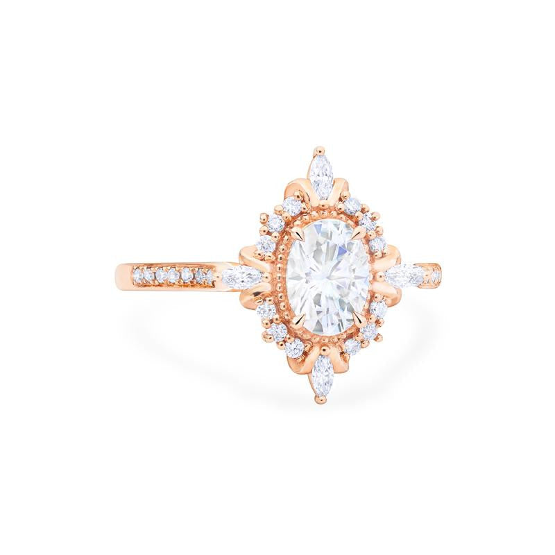 [Alessandra] Art Deco Oval Cut Engagement Ring in Diamond / Moissanite