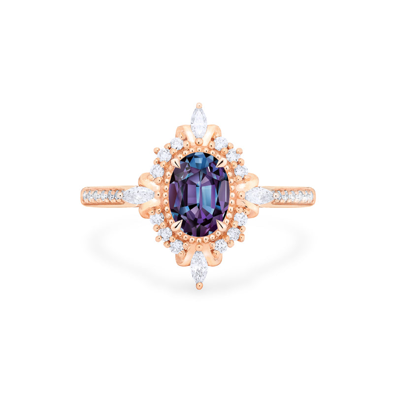 [Alessandra] Art Deco Oval Engagement Ring in Lab Alexandrite