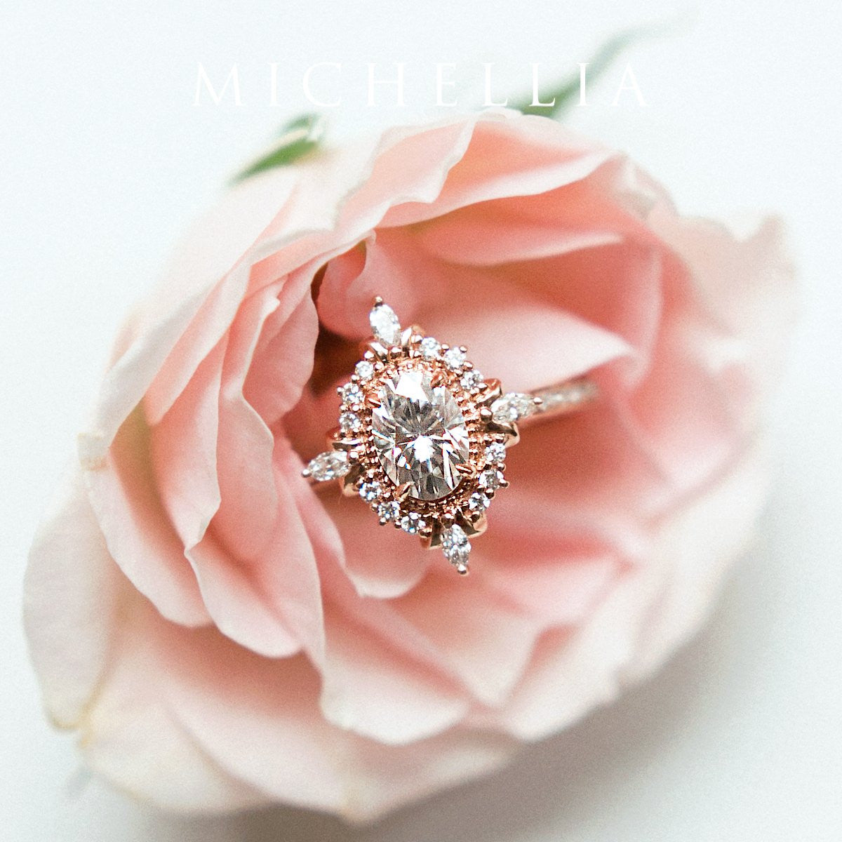 [Alessandra] Art Deco Oval Cut Engagement Ring in Diamond / Moissanite