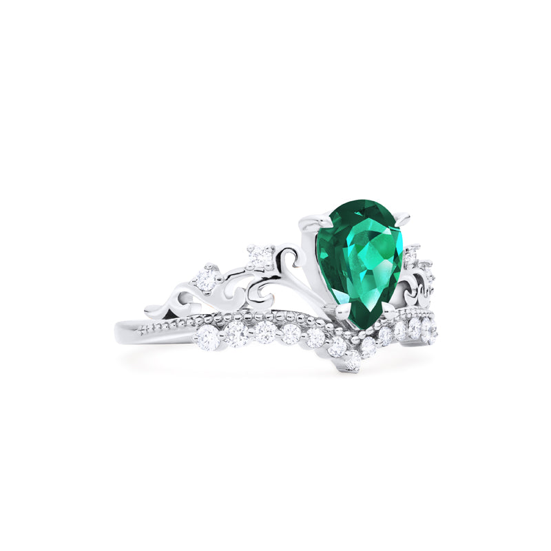 [Francesca] Heirloom Crown Pear Engagement Ring in Emerald