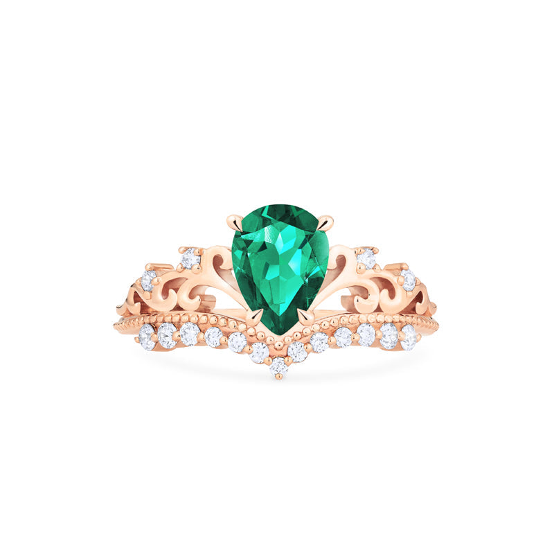 [Francesca] Heirloom Crown Pear Engagement Ring in Emerald