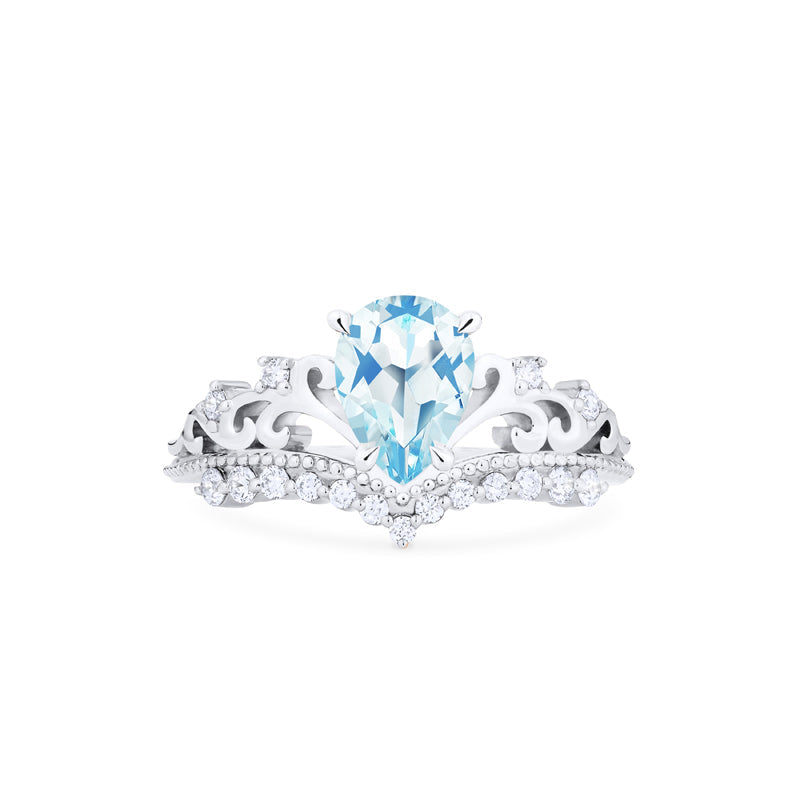 [Francesca] Heirloom Crown Pear Engagement Ring in Aquamarine