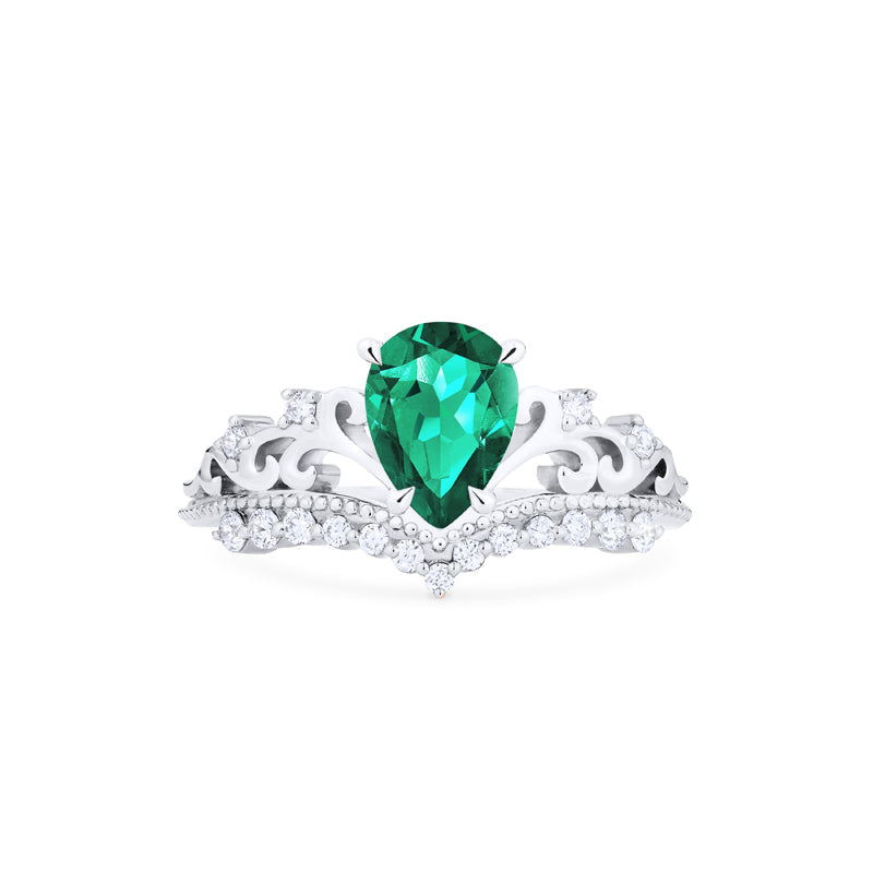 [Francesca] Heirloom Crown Pear Engagement Ring in Emerald