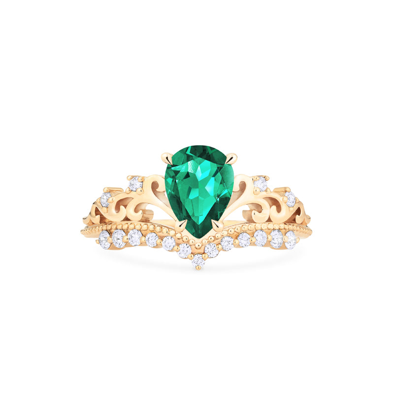 [Francesca] Heirloom Crown Pear Engagement Ring in Emerald