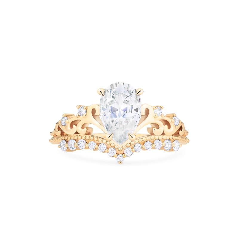 [Francesca] Heirloom Crown Pear Cut Engagement Ring in Diamond / Moissanite