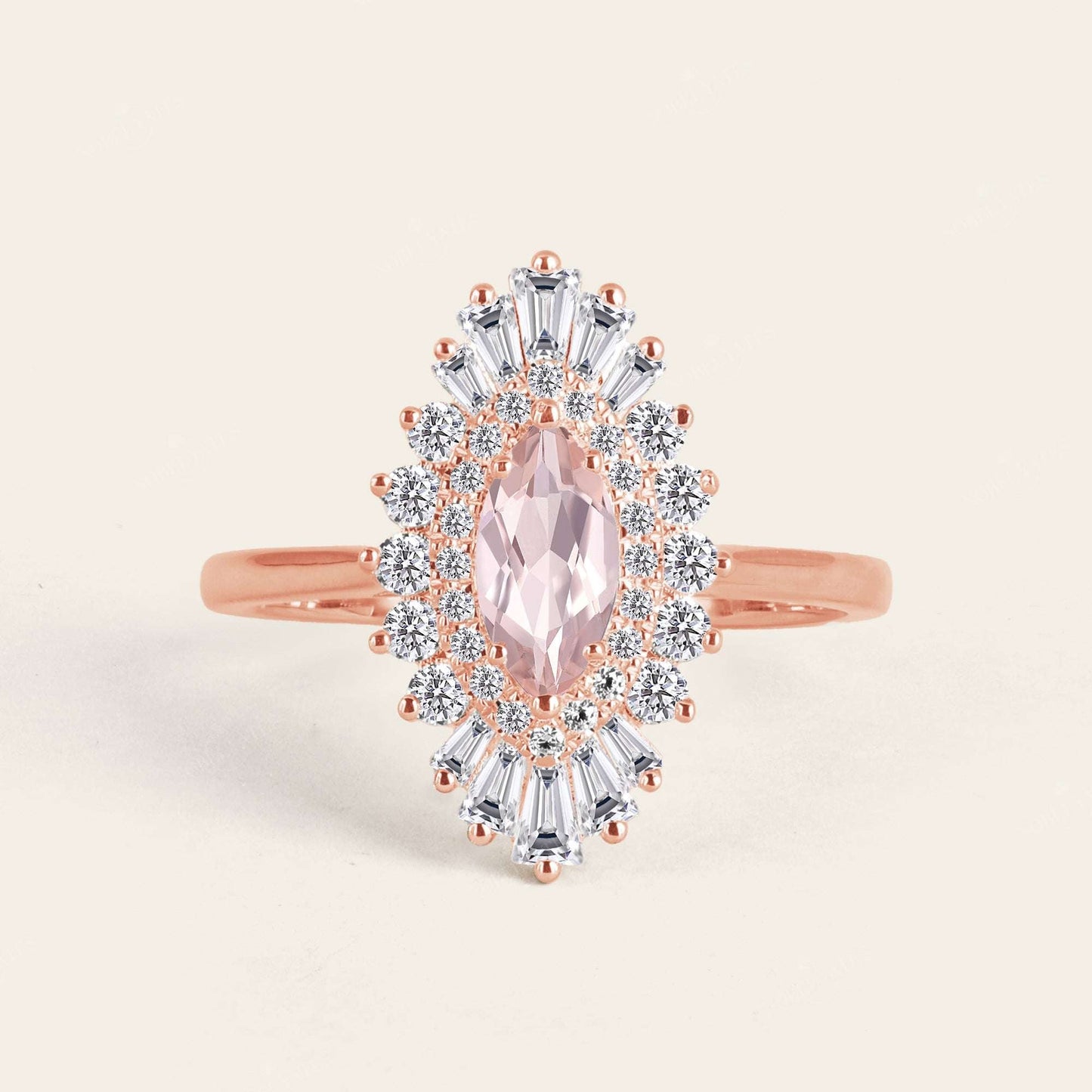 Art Deco Marquise Pink Morganite Star Burst Engagement Ring