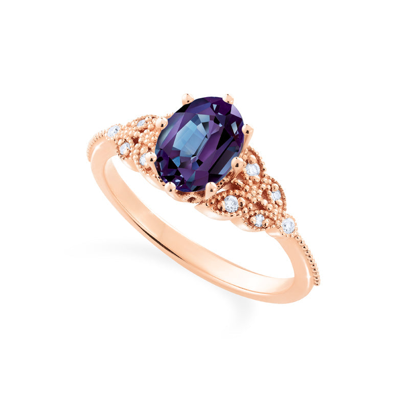 [Olivia] Classic Floral Oval Engagement Ring in Lab Alexandrite