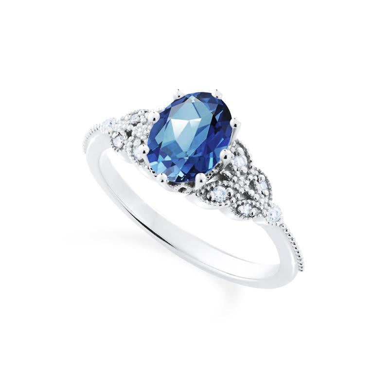 [Olivia] Classic Floral Oval Engagement Ring in Lab Blue Sapphire