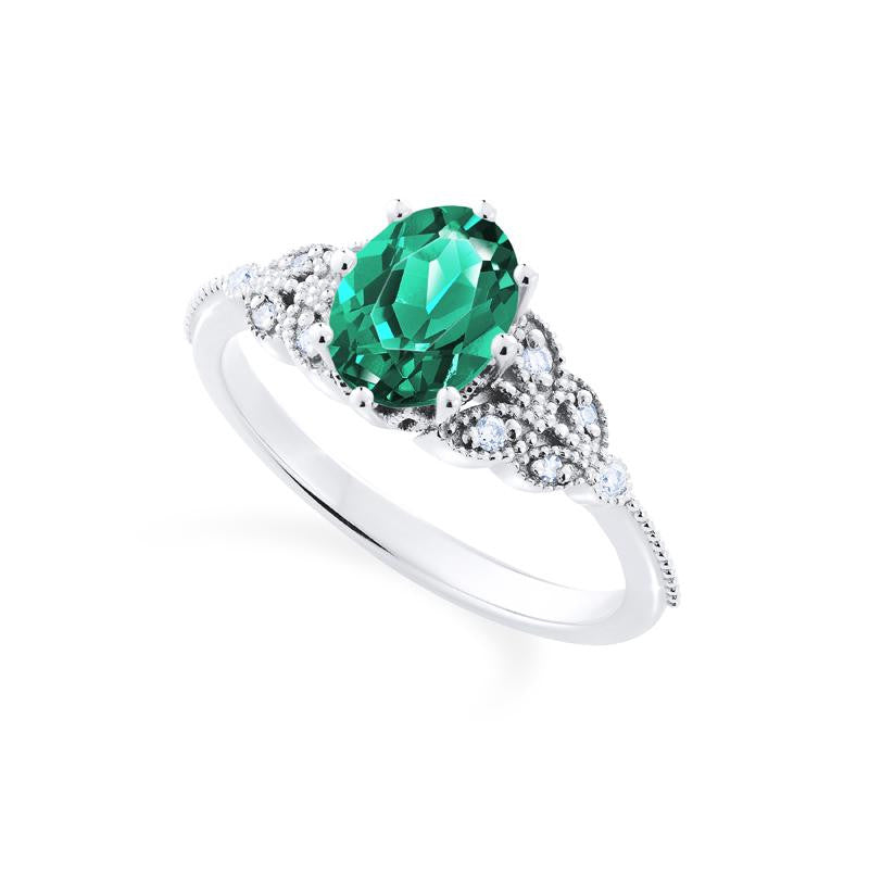 [Olivia] Classic Floral Oval Engagement Ring in Lab Emerald