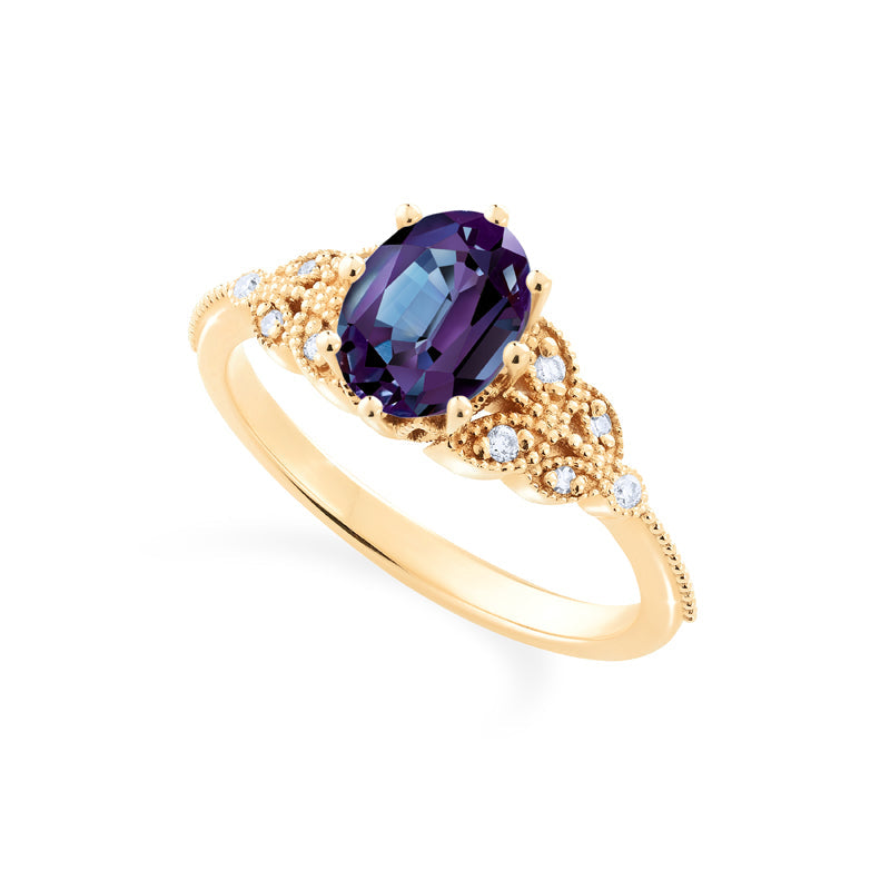 [Olivia] Classic Floral Oval Engagement Ring in Lab Alexandrite