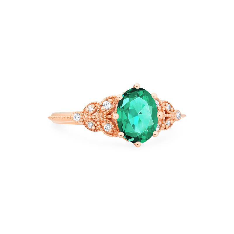 [Olivia] Classic Floral Oval Engagement Ring in Lab Emerald