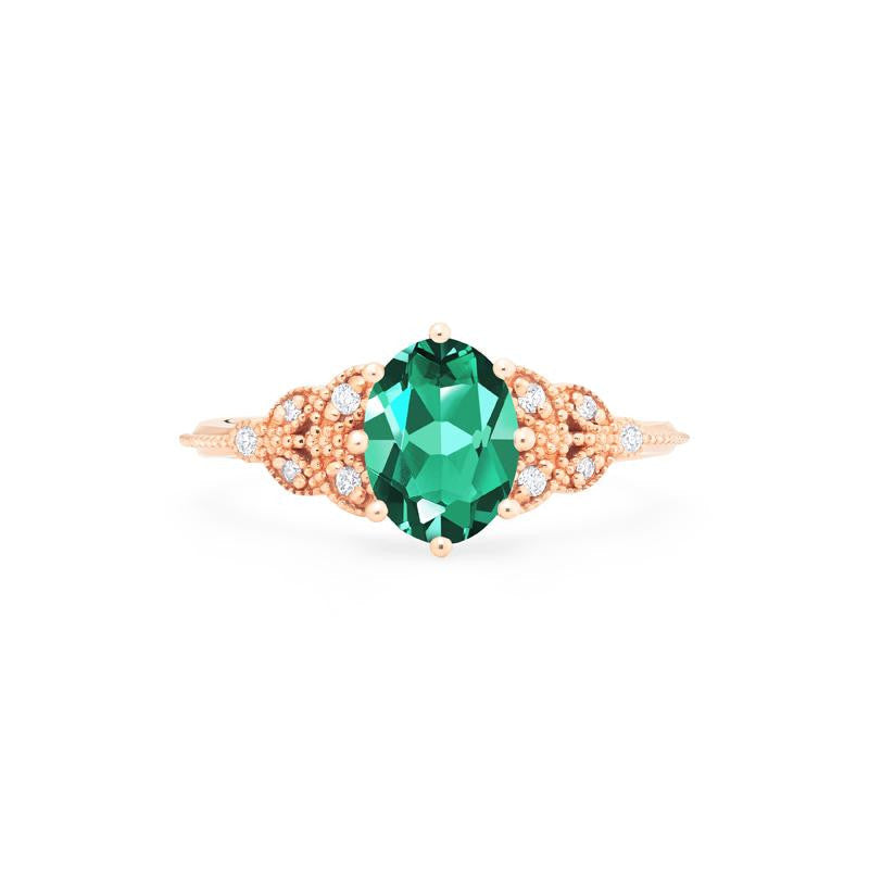 [Olivia] Classic Floral Oval Engagement Ring in Lab Emerald